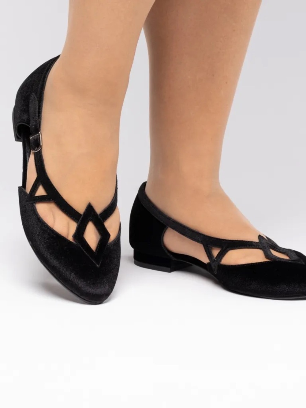 Christine McConnell Mildred Black Velvet Cutout Strap Flats